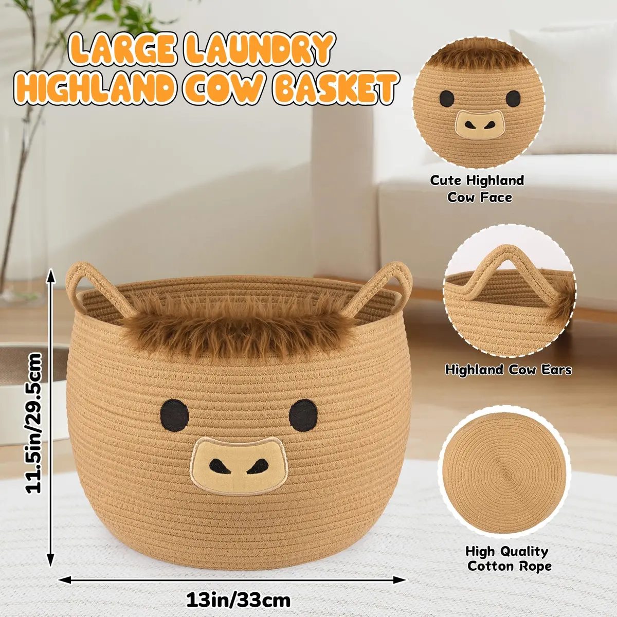 Hkojewp Highland Cow Basket for Nursery, Large Blanket Gift Basket | Woven Cotton Storage Basket with Handles (13"D × 12"H) - view 2