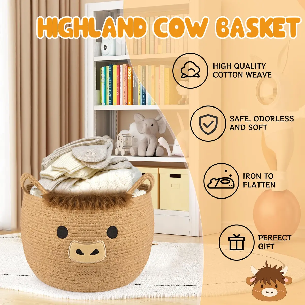 Hkojewp Highland Cow Basket for Nursery, Large Blanket Gift Basket | Woven Cotton Storage Basket with Handles (13"D × 12"H) - view 3