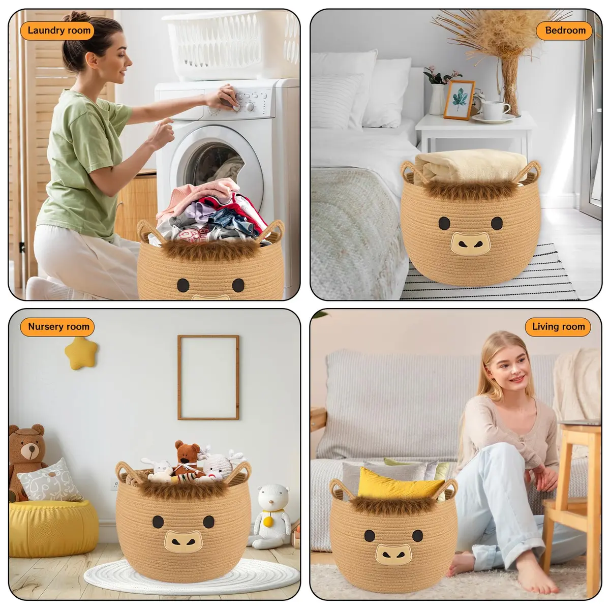 Hkojewp Highland Cow Basket for Nursery, Large Blanket Gift Basket | Woven Cotton Storage Basket with Handles (13"D × 12"H) - view 4