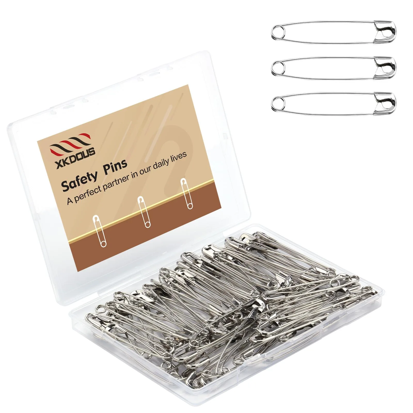 XKDOUS 2.2 Inch Large Safety Pins Heavy Duty, Pack of 200 Silver Pins | Value Pack Sharp Pin - main product image