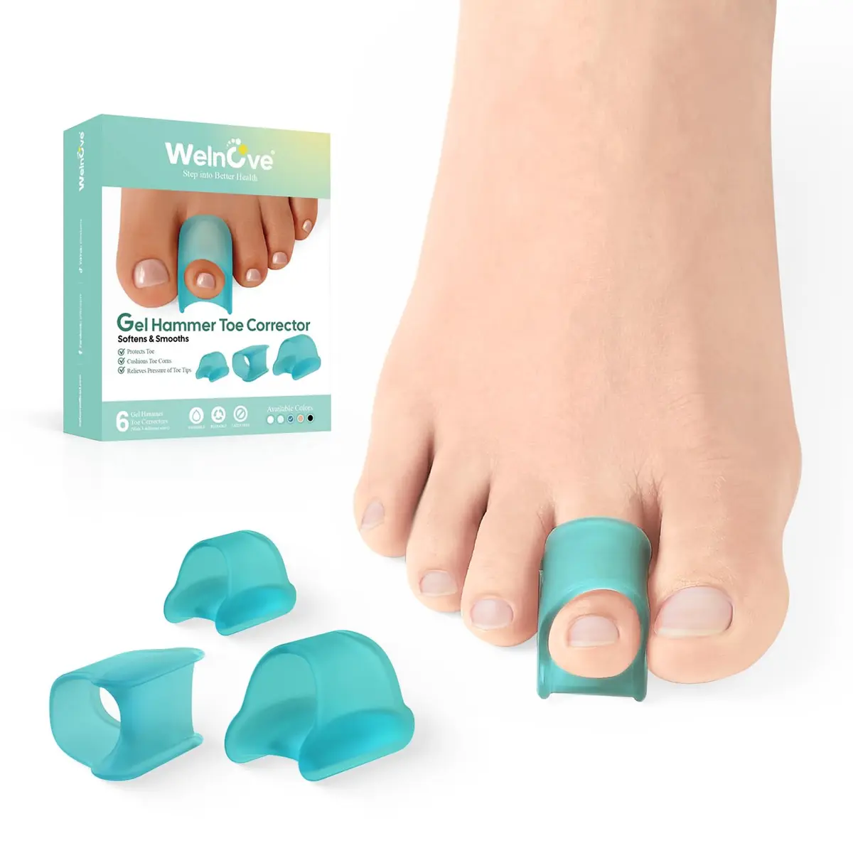 Welnove Hammertoe Corrector - 6 Pack Toe Splints - Soft Gel Toe Straighteners - Realign Bent, Curled, Crooked, Claw, Hammer Toes (Blue) - main product image