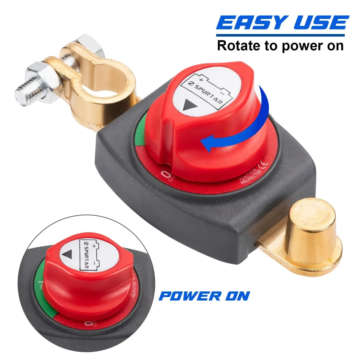 Spurtar Red Top Post Battery Disconnect Switch 12V-48V 275A | Heavy Duty Copper for Cars, Boats, RVs - view 3