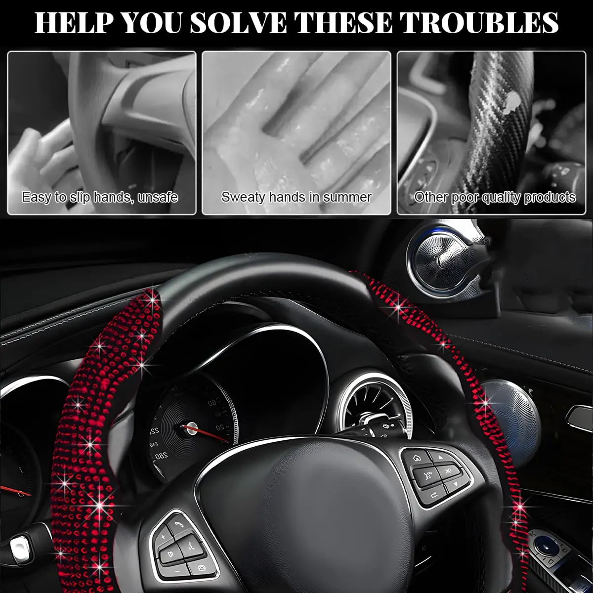 BWBWND 2 PCS Steering Wheel Cover with Rhinestones | Sparkly Non-Slip Car Accessory (14-15.6 inch) - view 6