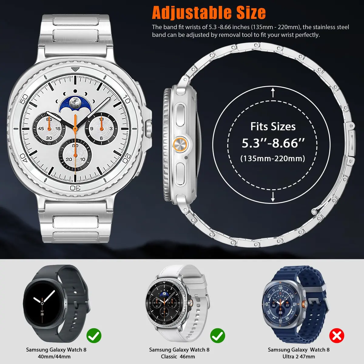 KOREDA Metal Band for Samsung Galaxy Watch 8 Classic 46mm & Galaxy Watch 8 40mm/44mm, Silver Stainless Steel (160mm-230mm Wrist) - view 4