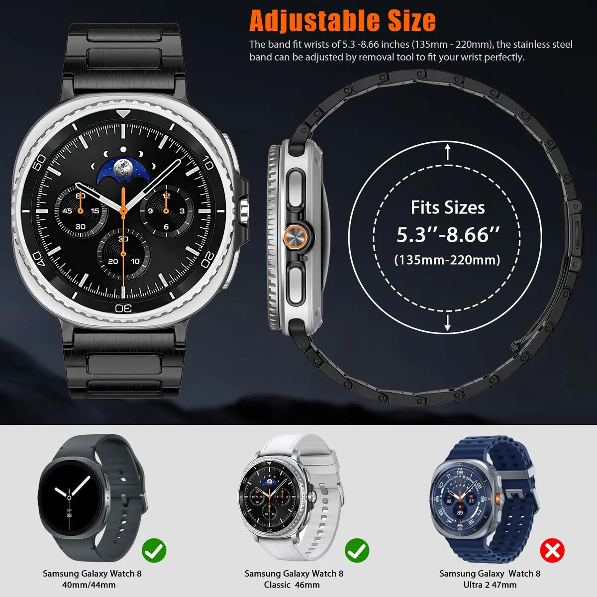 KOREDA Metal Band for Samsung Galaxy Watch 8 Classic 46mm/Galaxy Watch 8 40mm 44mm, Black, 160mm-230mm Wrist - view 4