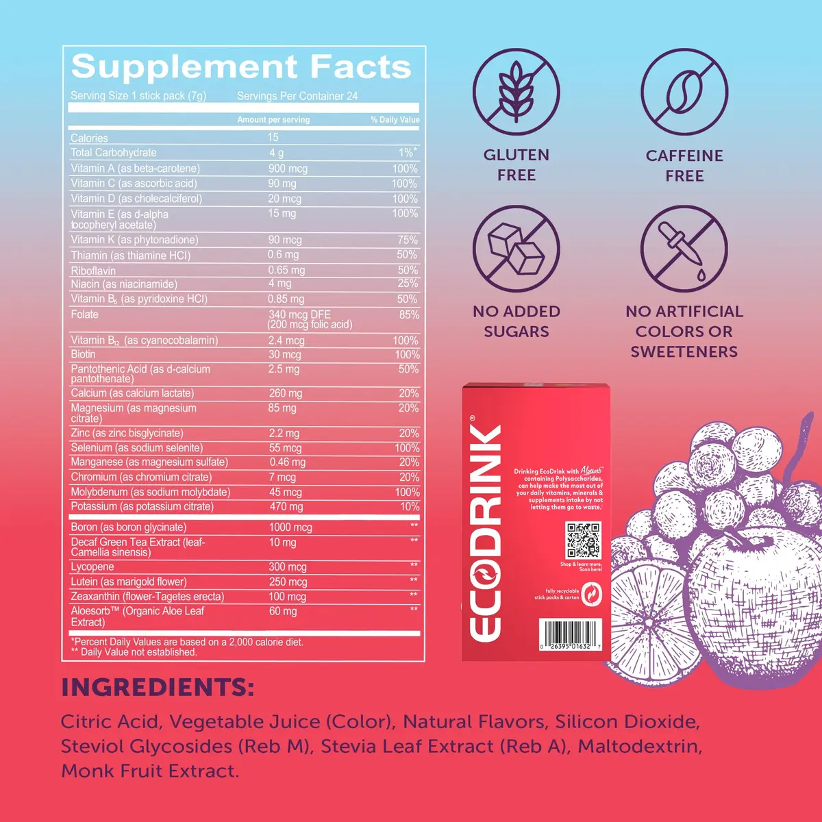 Eco Drink Nutrient Support Packets 24 Count | Hydrating Fruit Punch Electrolyte Mix with Aloe, No Sugar - view 2