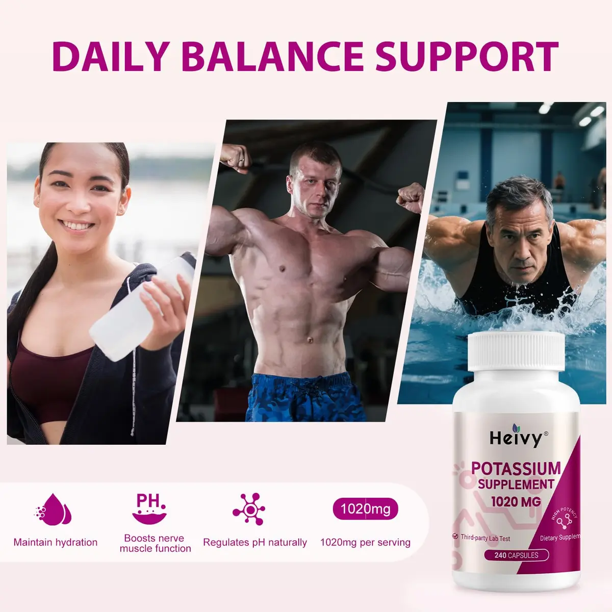 Heivy Potassium Supplement 1020 mg | Supports Electrolyte & Heart Health, Made in USA (240 Vegetarian Capsules) - view 5