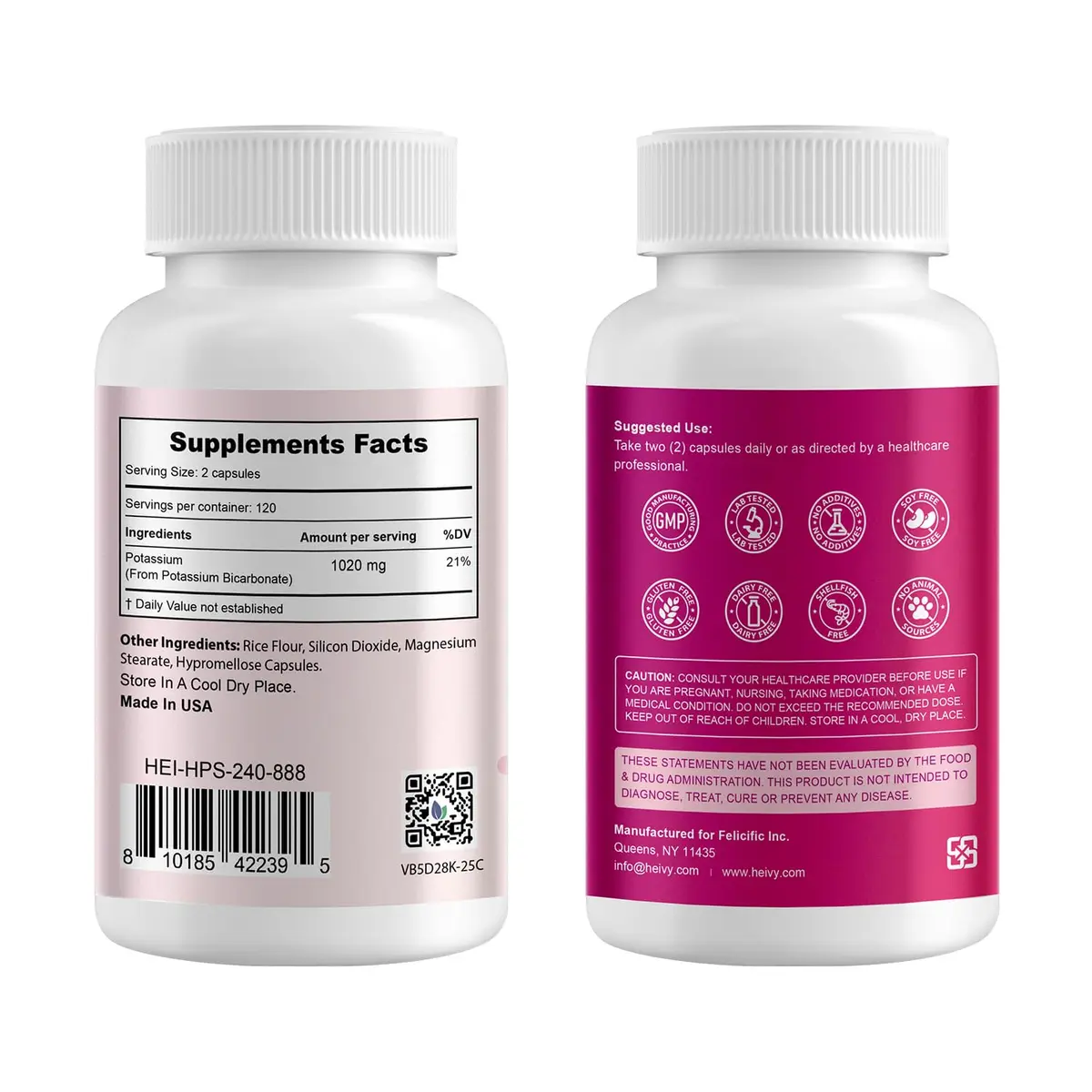 Heivy Potassium Supplement 1020 mg | Supports Electrolyte & Heart Health, Made in USA (240 Vegetarian Capsules) - view 2