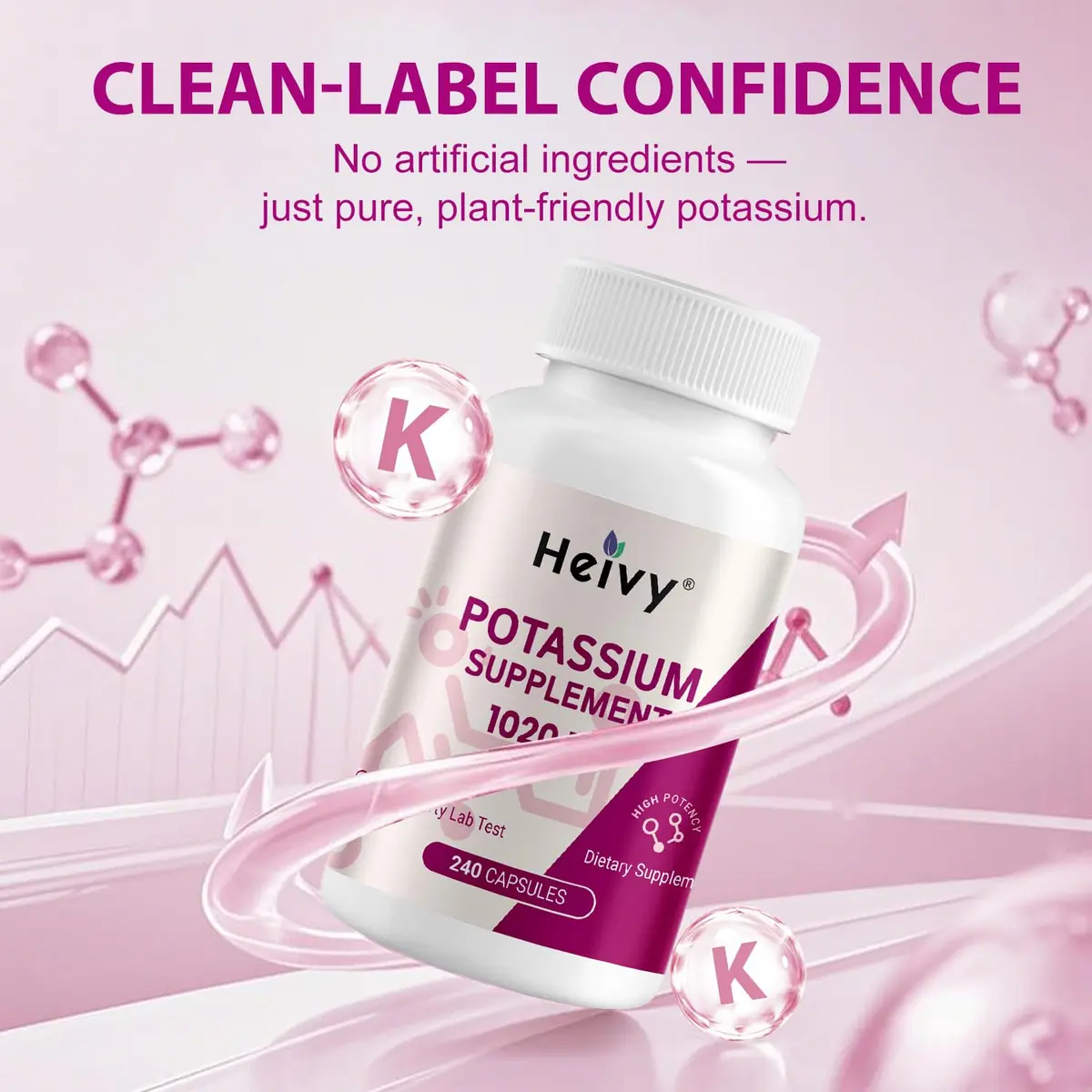 Heivy Potassium Supplement 1020 mg | Supports Electrolyte & Heart Health, Made in USA (240 Vegetarian Capsules) - view 3