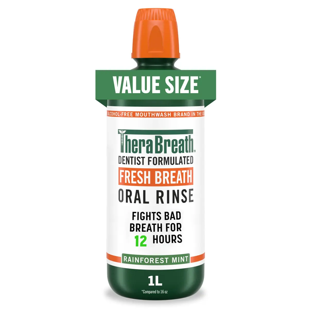 TheraBreath Fresh Breath Mouthwash, Rainforest Mint, 33.8 oz | Clinically Proven 24-Hour Freshness - main product image