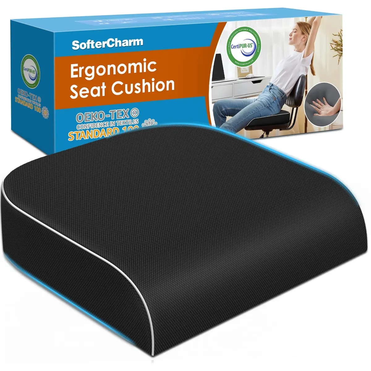 SofterCharm Black Memory Foam Office Chair Cushion | Large, 41cm (16.14") - main product image