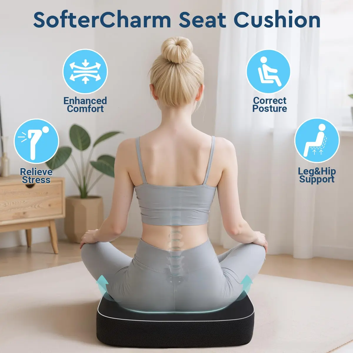 SofterCharm Black Memory Foam Office Chair Cushion | Large, 41cm (16.14") - view 6