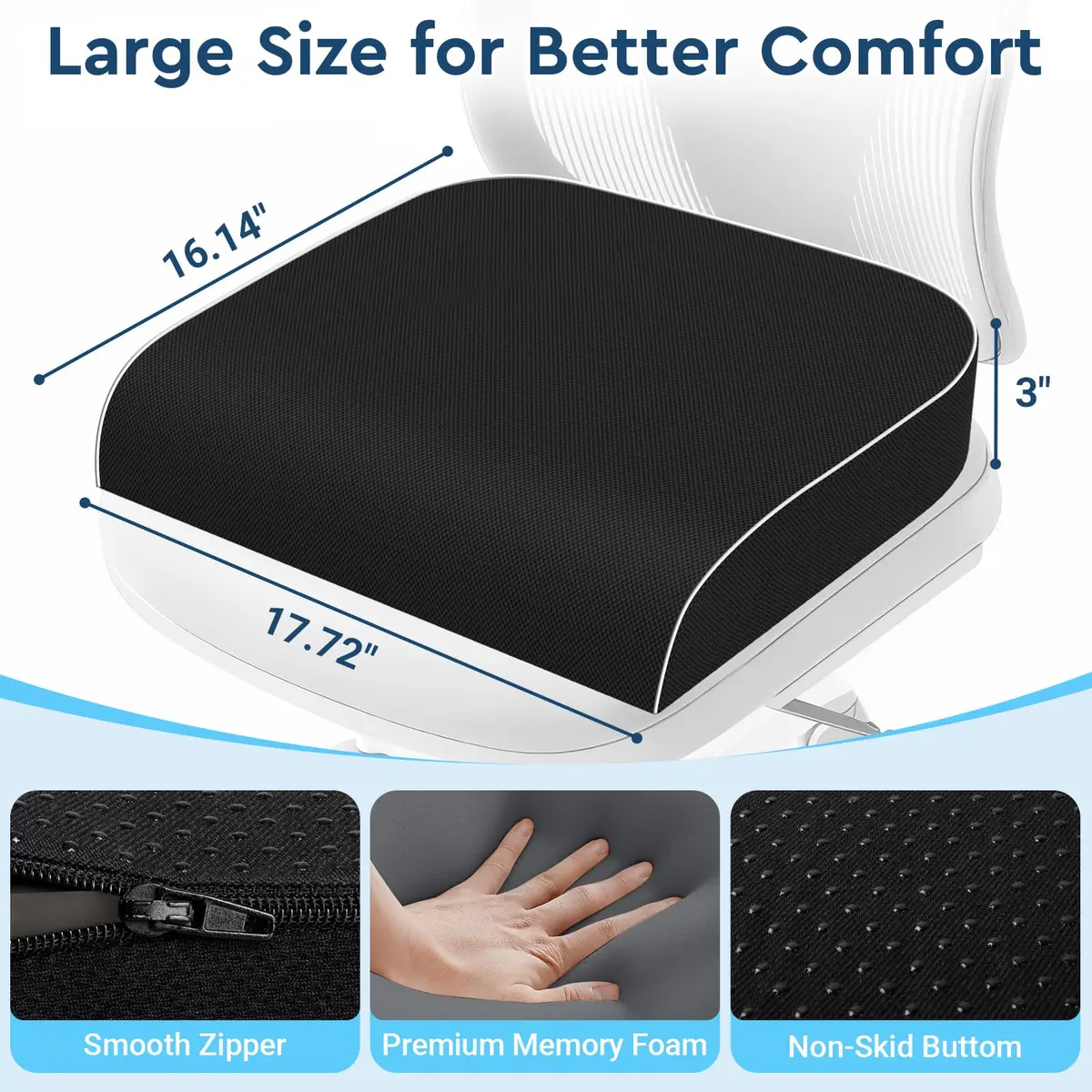 SofterCharm Black Memory Foam Office Chair Cushion | Large, 41cm (16.14") - view 2