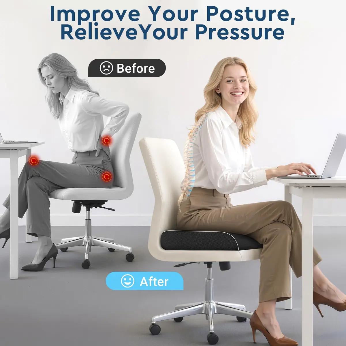SofterCharm Black Memory Foam Office Chair Cushion | Large, 41cm (16.14") - view 4