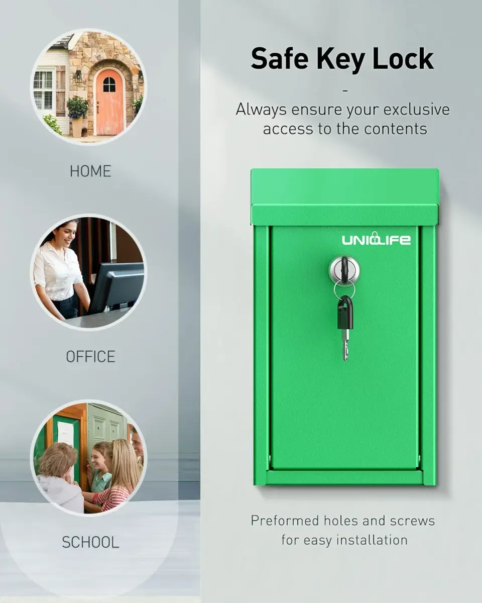 Uniclife Green Metal Donation Box, Wall Mounted Mailbox for Outside 26 cm (9.6 in) | Secure Key Drop Box with Dual Slots - view 6