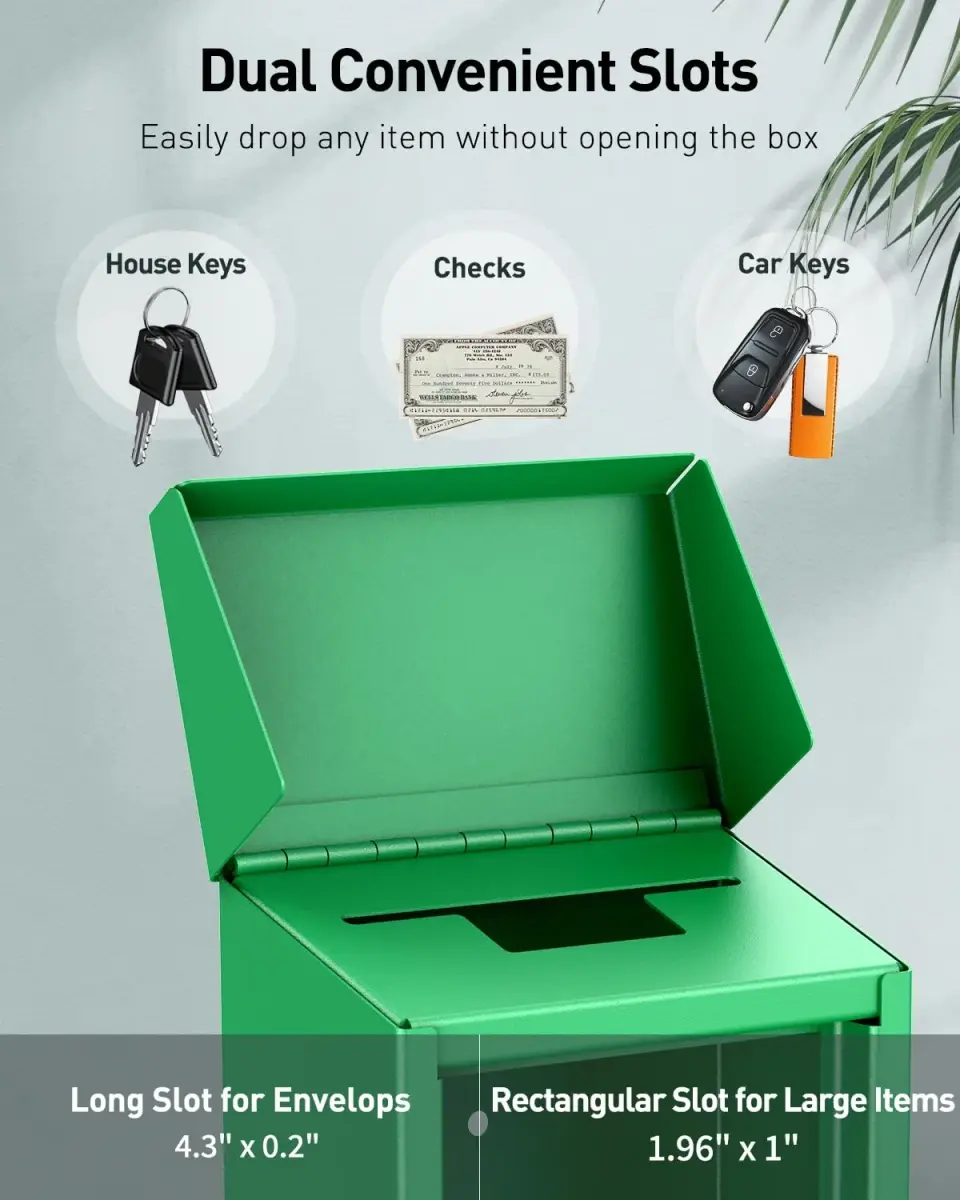 Uniclife Green Metal Donation Box, Wall Mounted Mailbox for Outside 26 cm (9.6 in) | Secure Key Drop Box with Dual Slots - view 2
