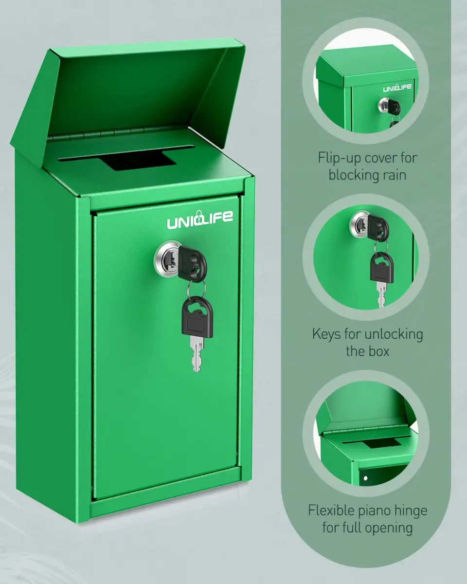 Uniclife Green Metal Donation Box, Wall Mounted Mailbox for Outside 26 cm (9.6 in) | Secure Key Drop Box with Dual Slots - view 4