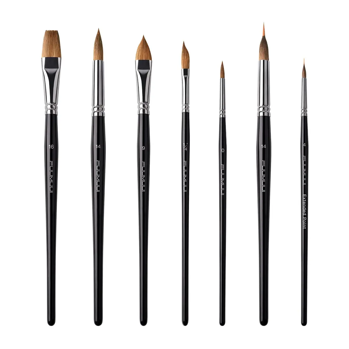 Fuumuui 7pcs Sable Watercolor Brush Set with Extended Needle, Round, Flat, Dagger, Cat's Tongue Shapes | Professional Artist Detail & Wash Painting - main product image