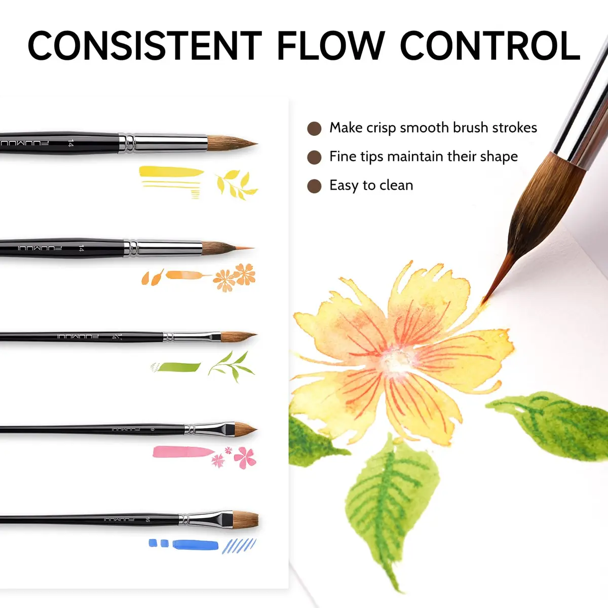 Fuumuui 7pcs Sable Watercolor Brush Set with Extended Needle, Round, Flat, Dagger, Cat's Tongue Shapes | Professional Artist Detail & Wash Painting - view 5