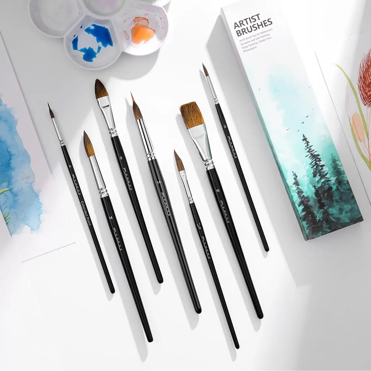 Fuumuui 7pcs Sable Watercolor Brush Set with Extended Needle, Round, Flat, Dagger, Cat's Tongue Shapes | Professional Artist Detail & Wash Painting - view 6
