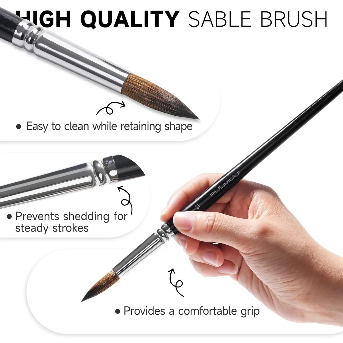 Fuumuui 7pcs Sable Watercolor Brush Set with Extended Needle, Round, Flat, Dagger, Cat's Tongue Shapes | Professional Artist Detail & Wash Painting - view 3