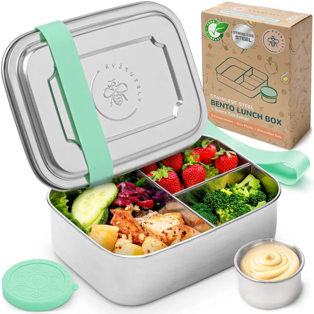 Everusely Stainless Steel Bento Box with Condiment Container - Green, 1.1 L (37oz) | Leakproof Food Storage for Indian Meals - main product image