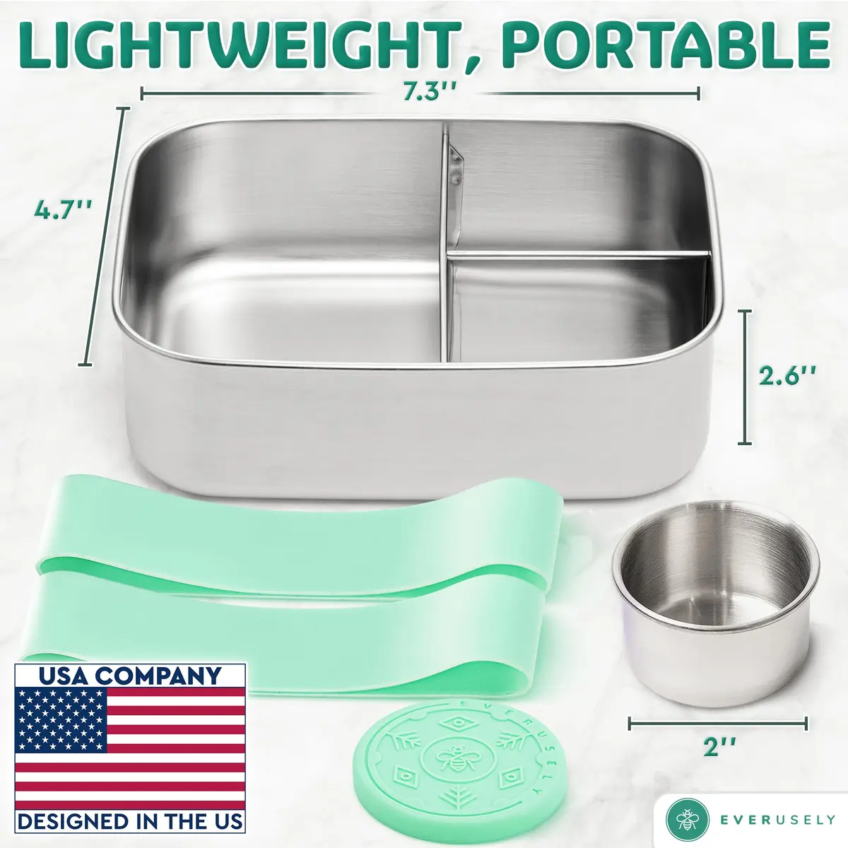 Everusely Stainless Steel Bento Box with Condiment Container - Green, 1.1 L (37oz) | Leakproof Food Storage for Indian Meals - view 7