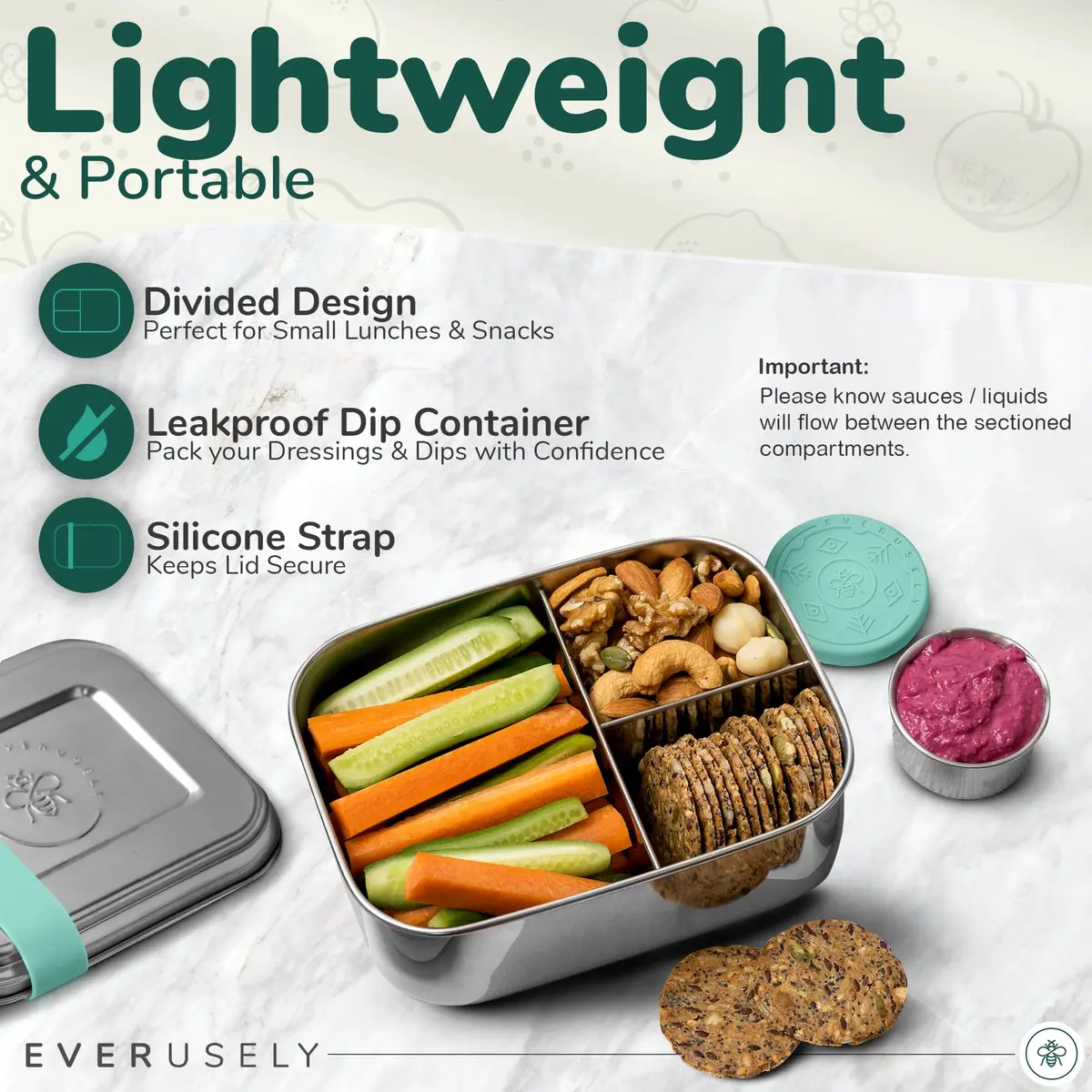 Everusely Stainless Steel Bento Box with Condiment Container - Green, 1.1 L (37oz) | Leakproof Food Storage for Indian Meals - view 2