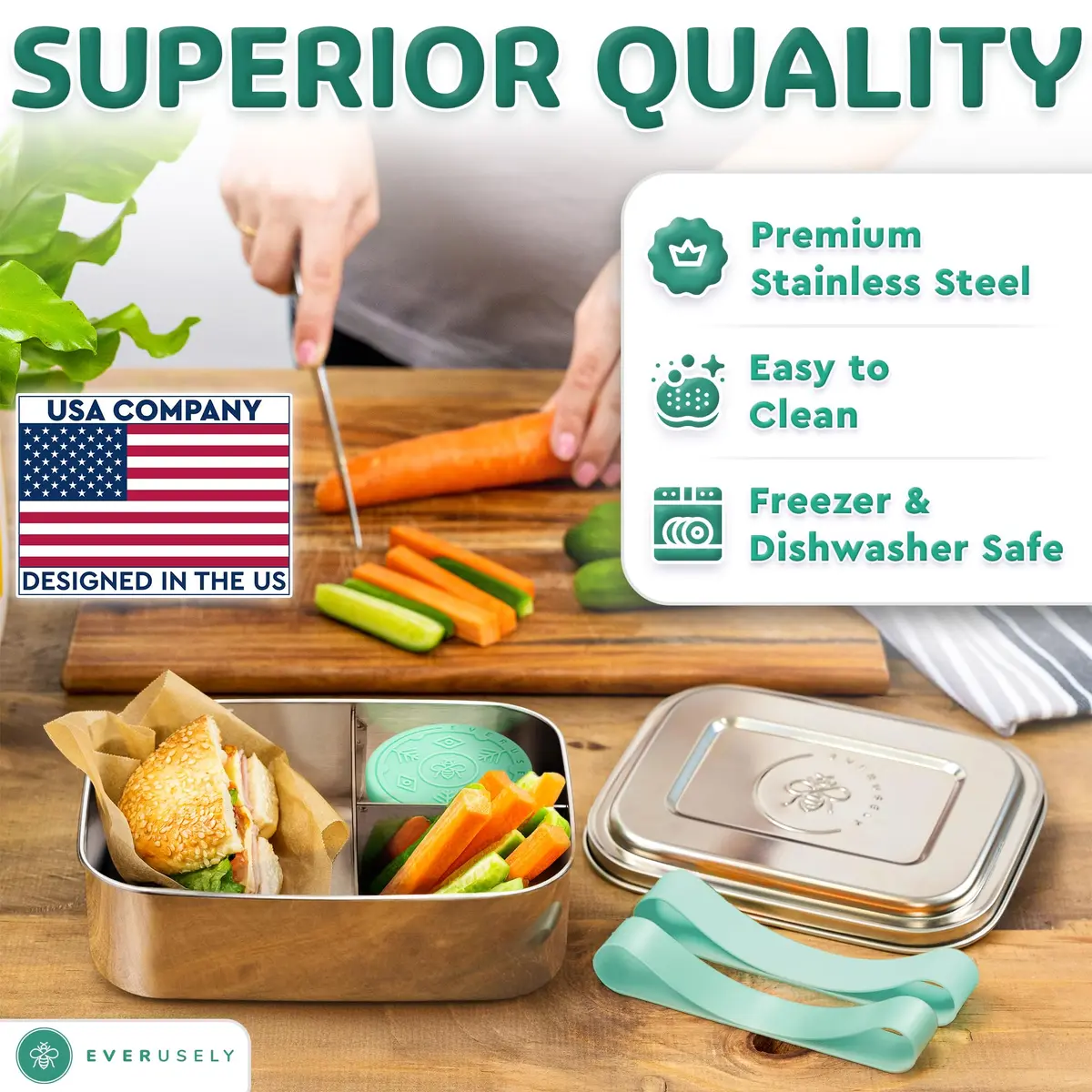 Everusely Stainless Steel Bento Box with Condiment Container - Green, 1.1 L (37oz) | Leakproof Food Storage for Indian Meals - view 3