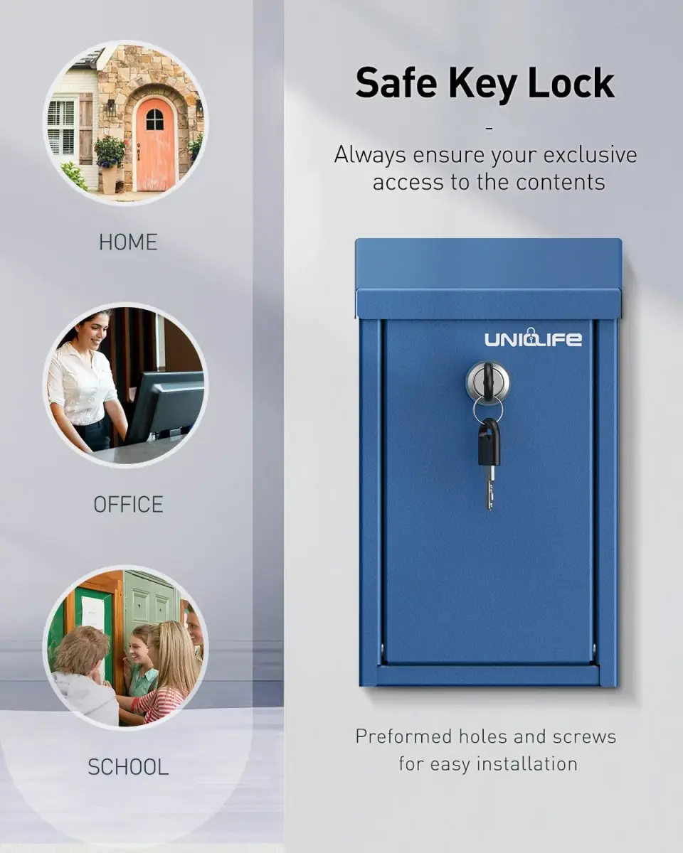 Uniclife Blue Metal Donation Box, Wall Mounted Mailbox for Outside 27.1 cm (9.6") | Secure Key Drop Box with Lock - view 6