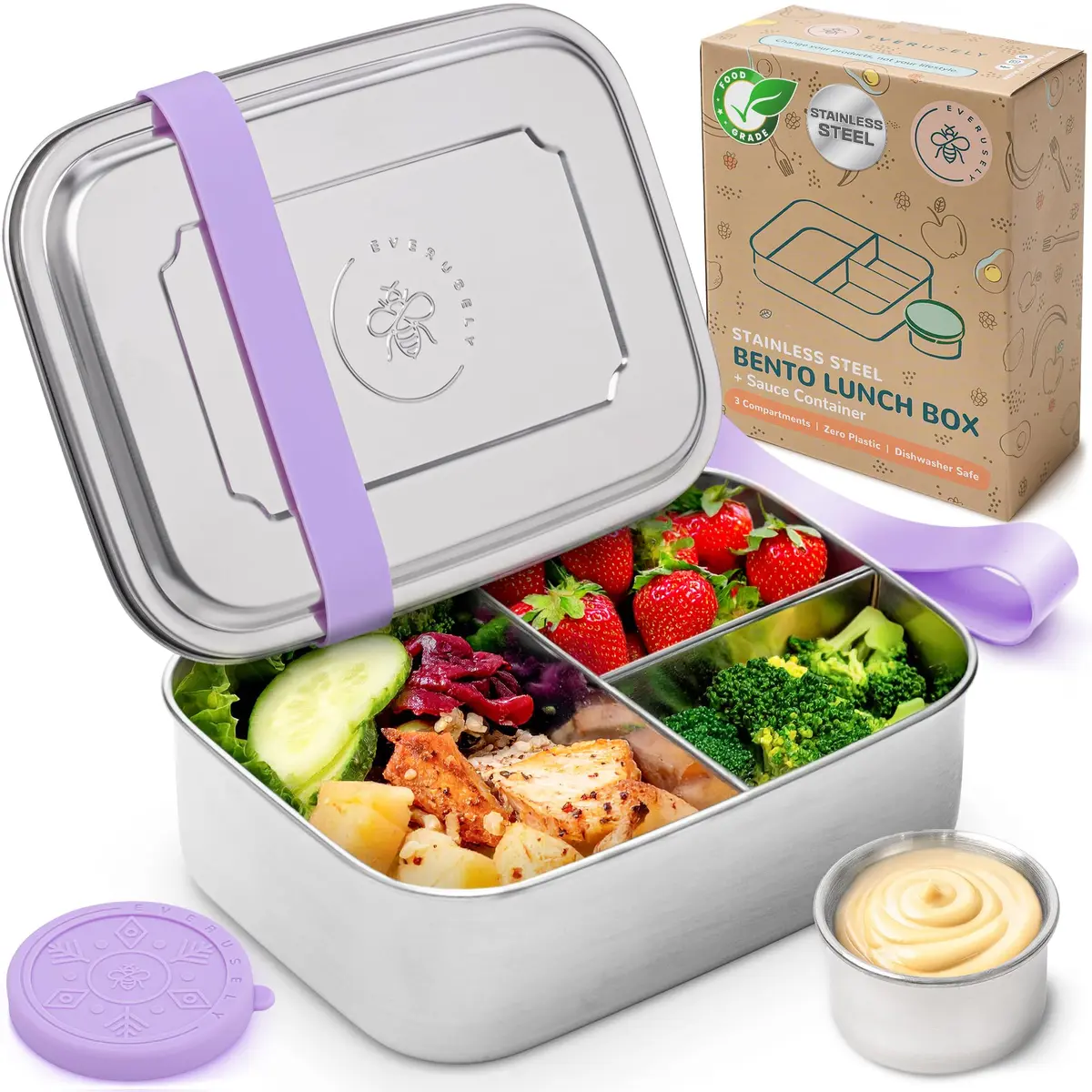 Everseuly Stainless Steel Bento Box with Condiment Container - Lavender, 1.1L (37oz) | Leakproof Compartment Lunch Box for Adults - main product image