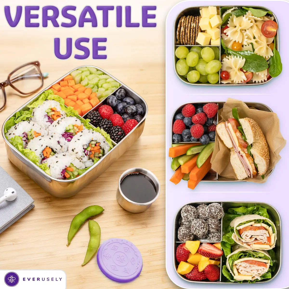 Everseuly Stainless Steel Bento Box with Condiment Container - Lavender, 1.1L (37oz) | Leakproof Compartment Lunch Box for Adults - view 5