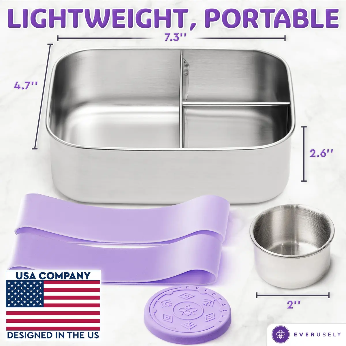 Everseuly Stainless Steel Bento Box with Condiment Container - Lavender, 1.1L (37oz) | Leakproof Compartment Lunch Box for Adults - view 7