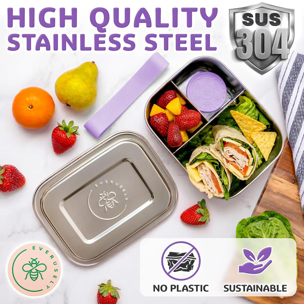 Everseuly Stainless Steel Bento Box with Condiment Container - Lavender, 1.1L (37oz) | Leakproof Compartment Lunch Box for Adults - view 8