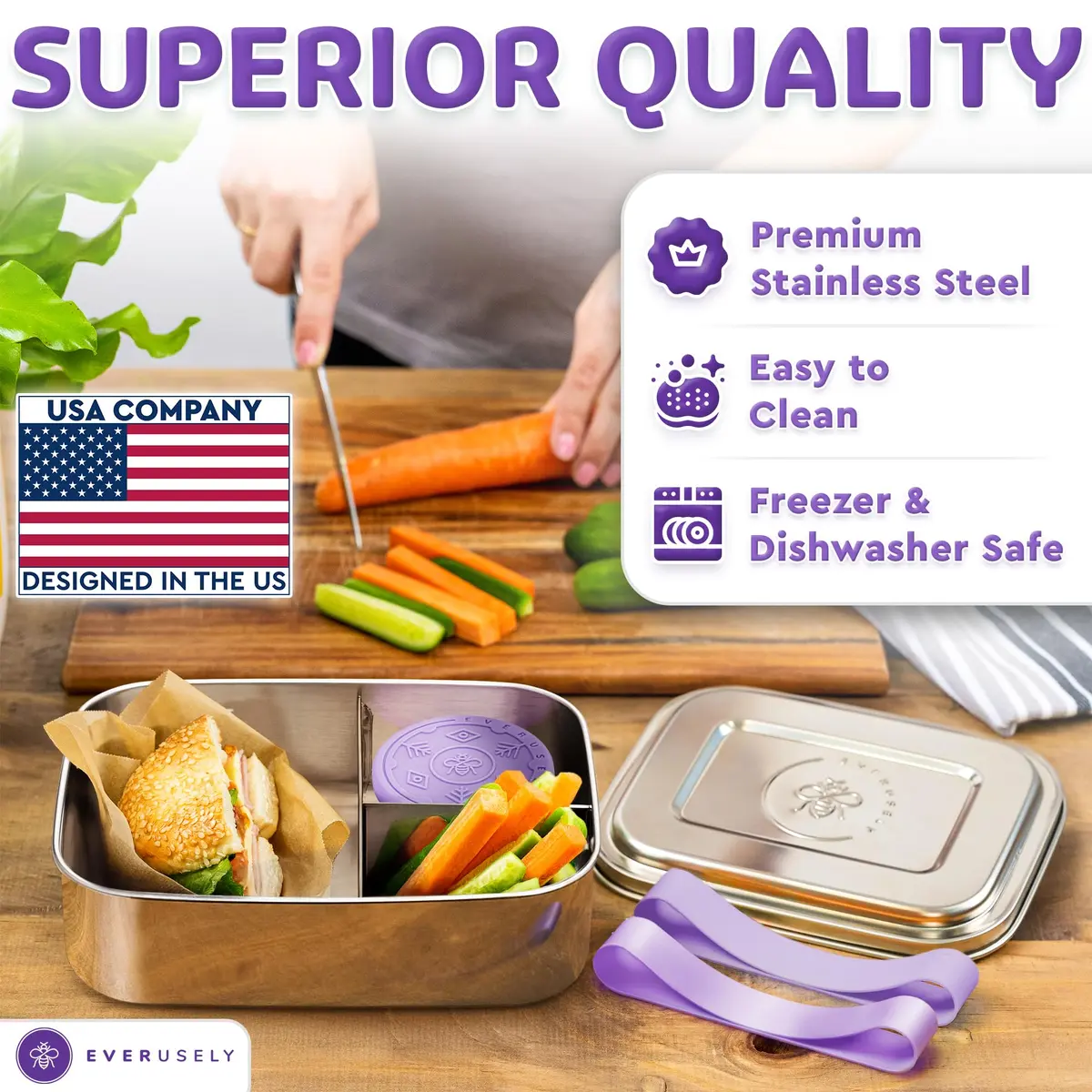 Everseuly Stainless Steel Bento Box with Condiment Container - Lavender, 1.1L (37oz) | Leakproof Compartment Lunch Box for Adults - view 3