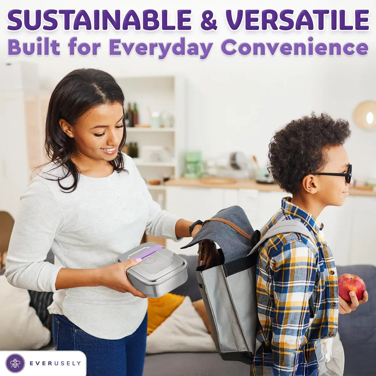 Everseuly Stainless Steel Bento Box with Condiment Container - Lavender, 1.1L (37oz) | Leakproof Compartment Lunch Box for Adults - view 4