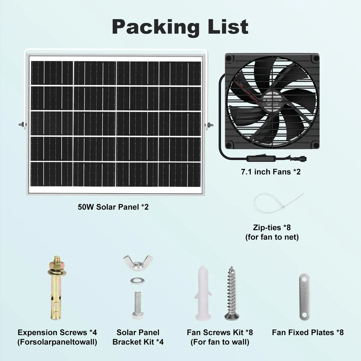 pqins Solar Greenhouse Fan 2 Pack, 7.1" 900 CFM 50W Solar Powered Exhaust Fan with 16.5 ft Cord | Automatic Ventilation for Greenhouses and Coops - view 7