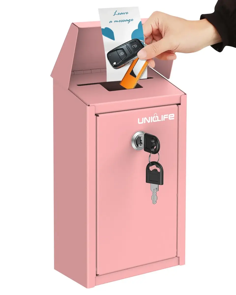 Uniclife Pink Metal Donation Box, Wall Mounted Mailbox for Outside 23.6cm (9.3in) H x 12.9cm (5.1in) W x 7.6cm (3in) D | Secure Key Drop Box for Home Office Business - main product image