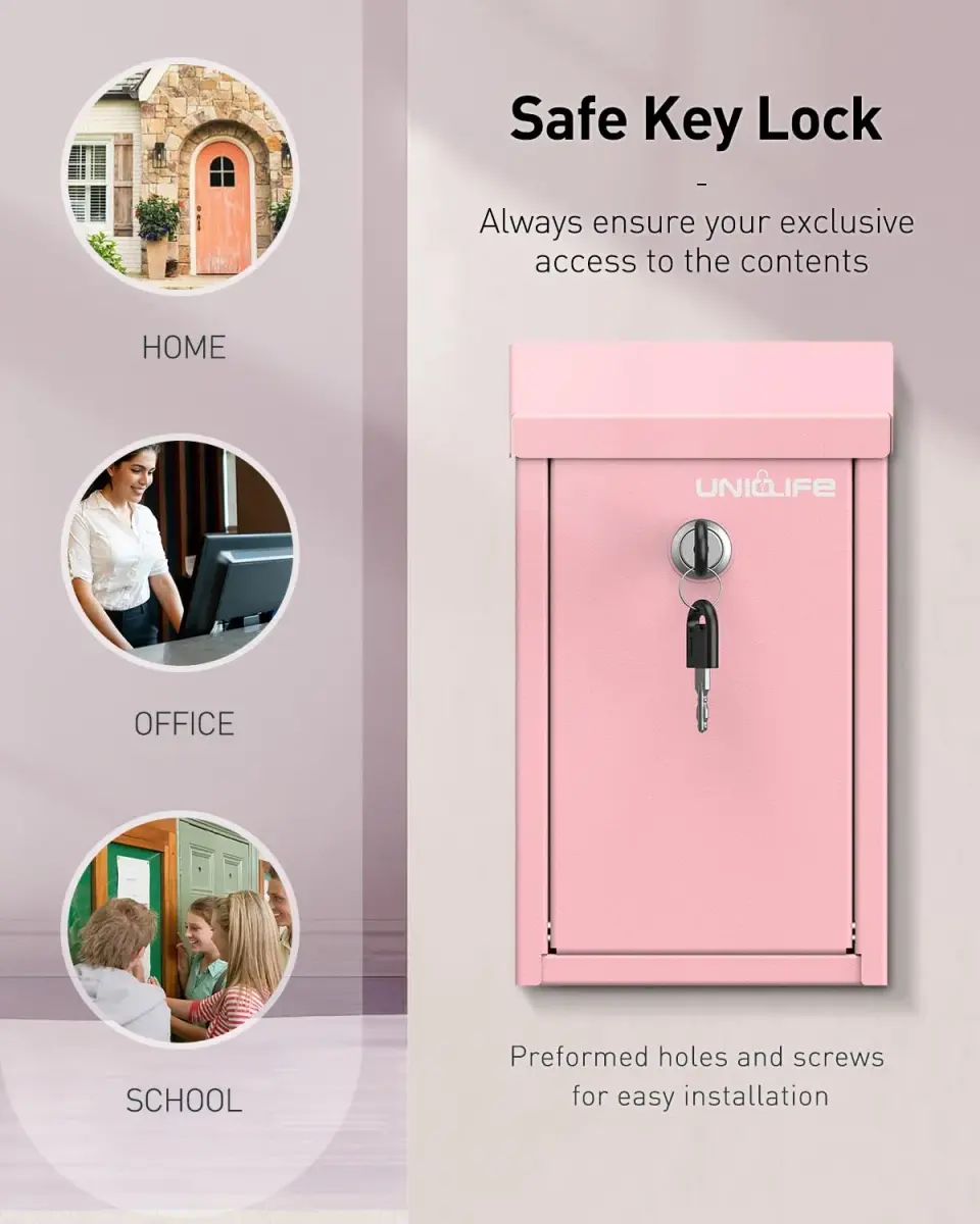 Uniclife Pink Metal Donation Box, Wall Mounted Mailbox for Outside 23.6cm (9.3in) H x 12.9cm (5.1in) W x 7.6cm (3in) D | Secure Key Drop Box for Home Office Business - view 6