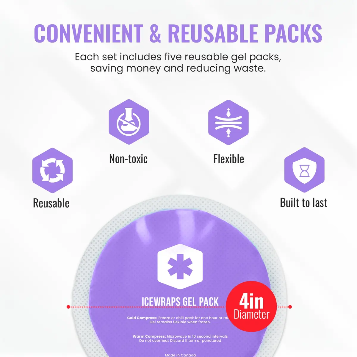 ICEWRAPS 4 inches Round Reusable Ice Packs with Cloth Backing 5-Pack Purple | Flexible Cold & Hot Therapy - view 2