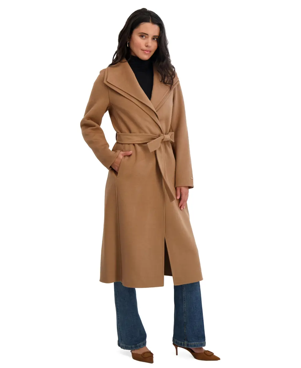 Tahari Women's Slim Fit Wool Blend Wrap Coat with Tie Belt | Elegant Long Wool Coat for Women in Camel, Large - view 2