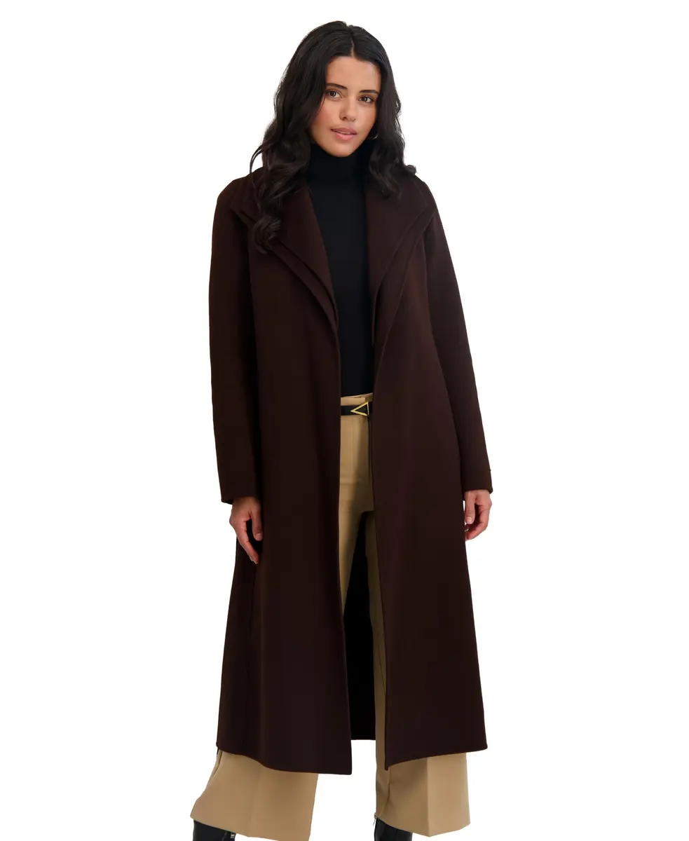 Tahari Women's Slim Fit Double-Faced Wool Blend Wrap Coat with Tie Belt | Long Wool Coat, Chocolate, Large - main product image