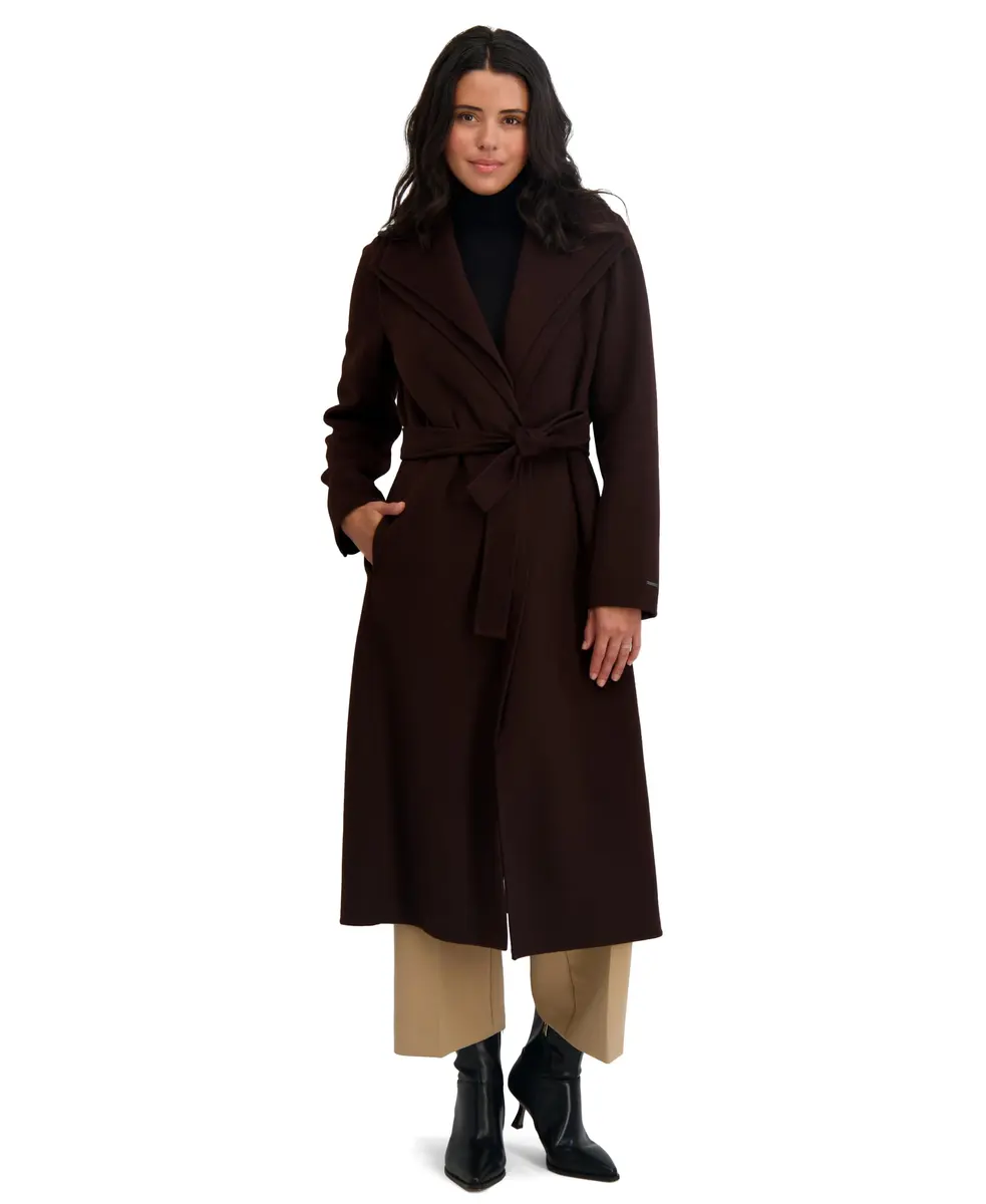 Tahari Women's Slim Fit Double-Faced Wool Blend Wrap Coat with Tie Belt | Long Wool Coat, Chocolate, Large - view 2