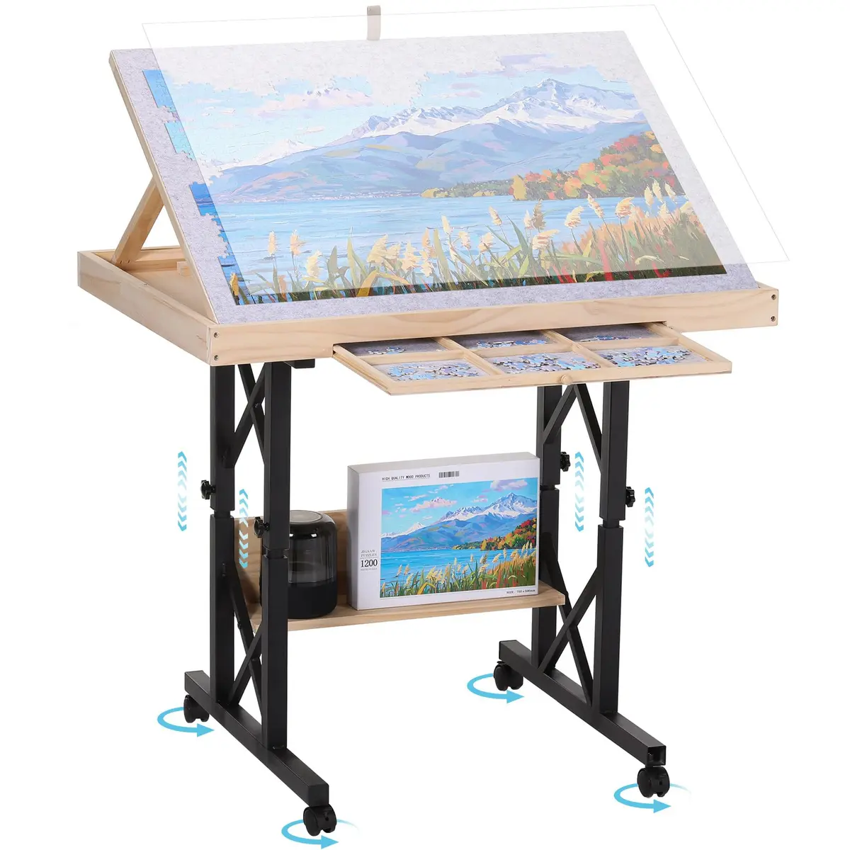 FUNTOK Puzzle Table with Legs for Adults | Adjustable Height, 1500 Pieces, Portable with Wheels & Drawers - main product image
