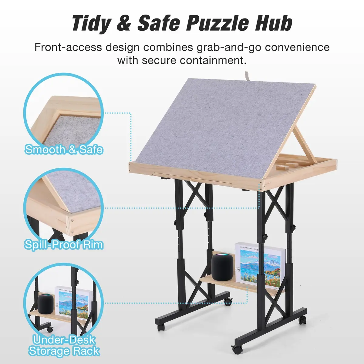 FUNTOK Puzzle Table with Legs for Adults | Adjustable Height, 1500 Pieces, Portable with Wheels & Drawers - view 6