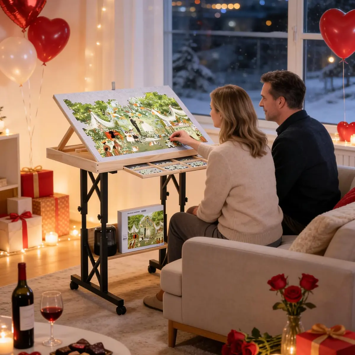 FUNTOK Puzzle Table with Legs for Adults | Adjustable Height, 1500 Pieces, Portable with Wheels & Drawers - view 9