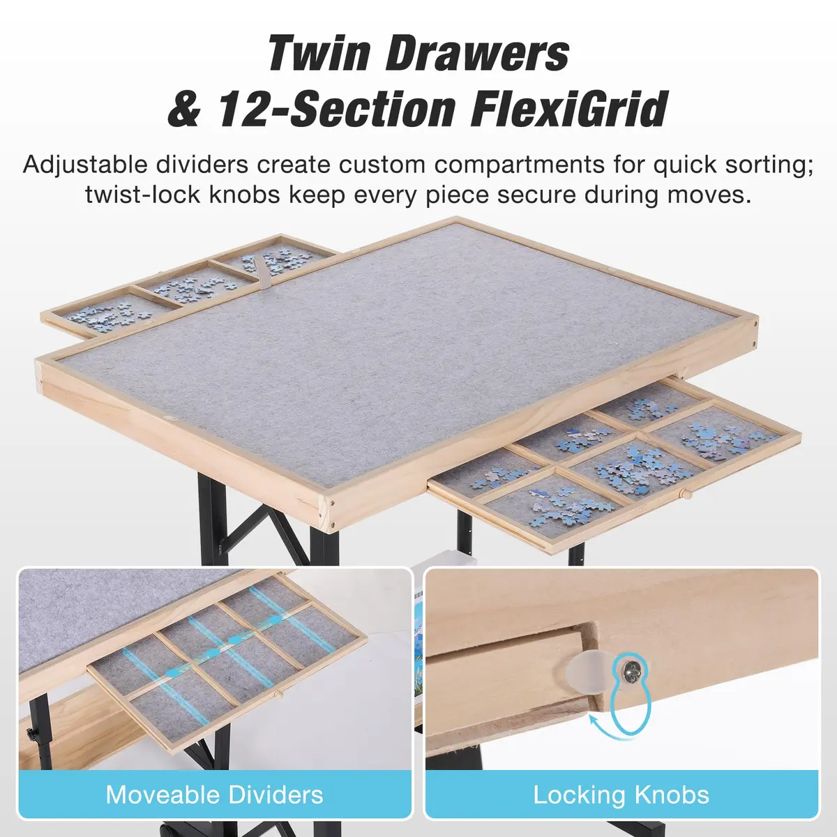FUNTOK Puzzle Table with Legs for Adults | Adjustable Height, 1500 Pieces, Portable with Wheels & Drawers - view 4