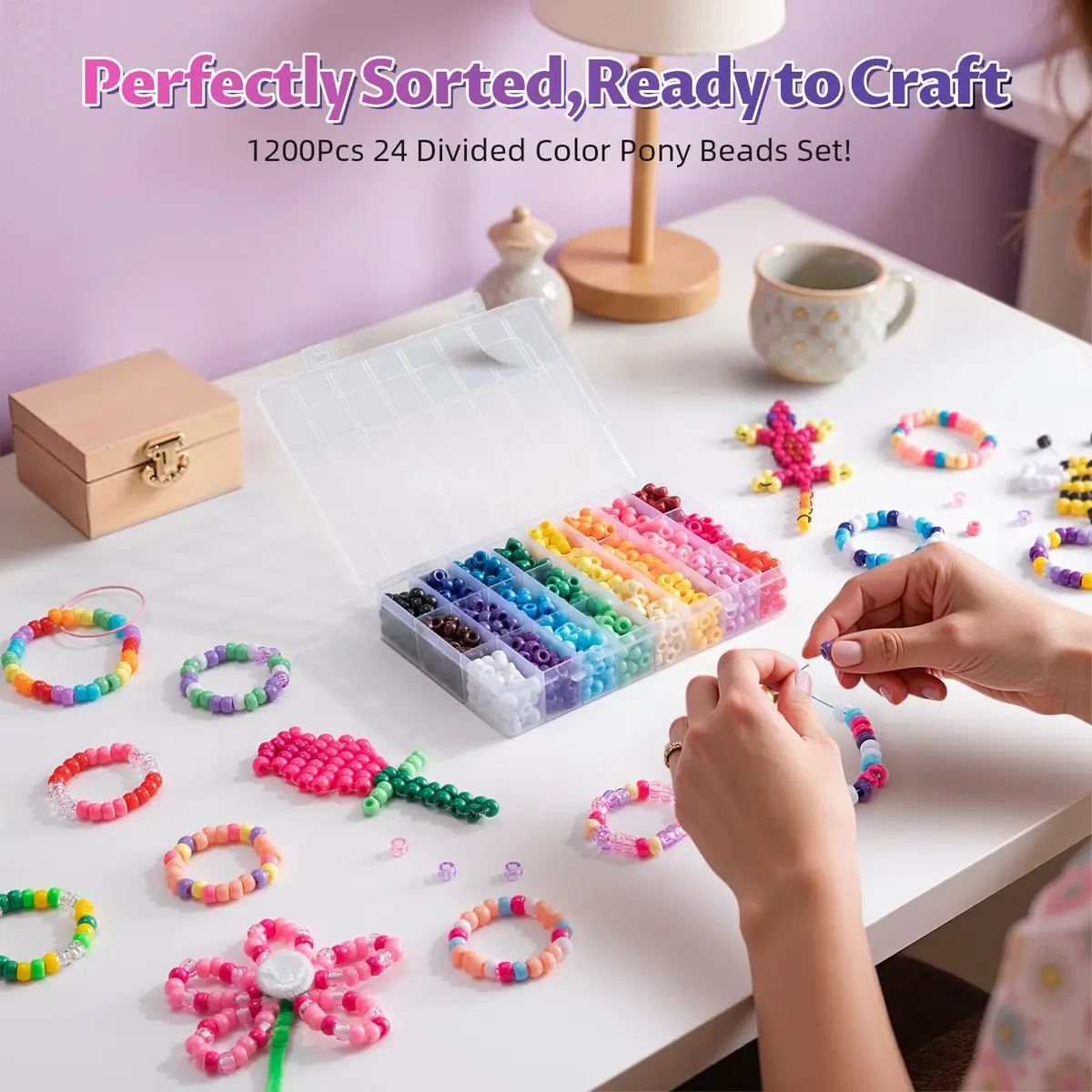 Simetufy 1200Pcs Pony Beads, 24 Colors 6x9mm | Bulk Craft Beads for Bracelet Making - view 2
