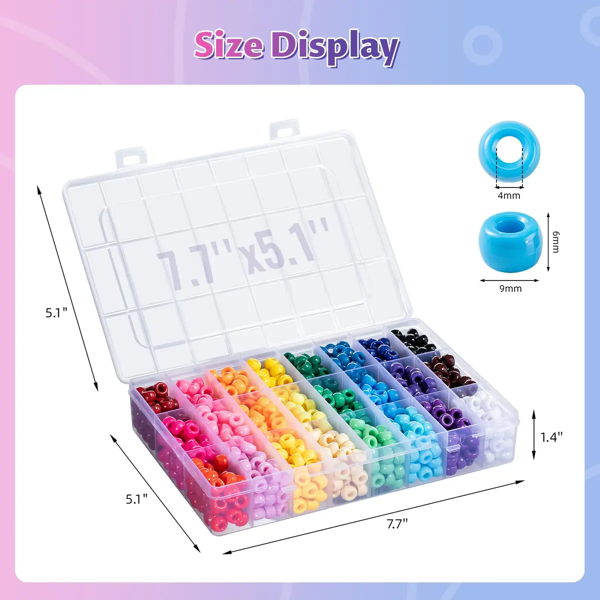 Simetufy 1200Pcs Pony Beads, 24 Colors 6x9mm | Bulk Craft Beads for Bracelet Making - view 3