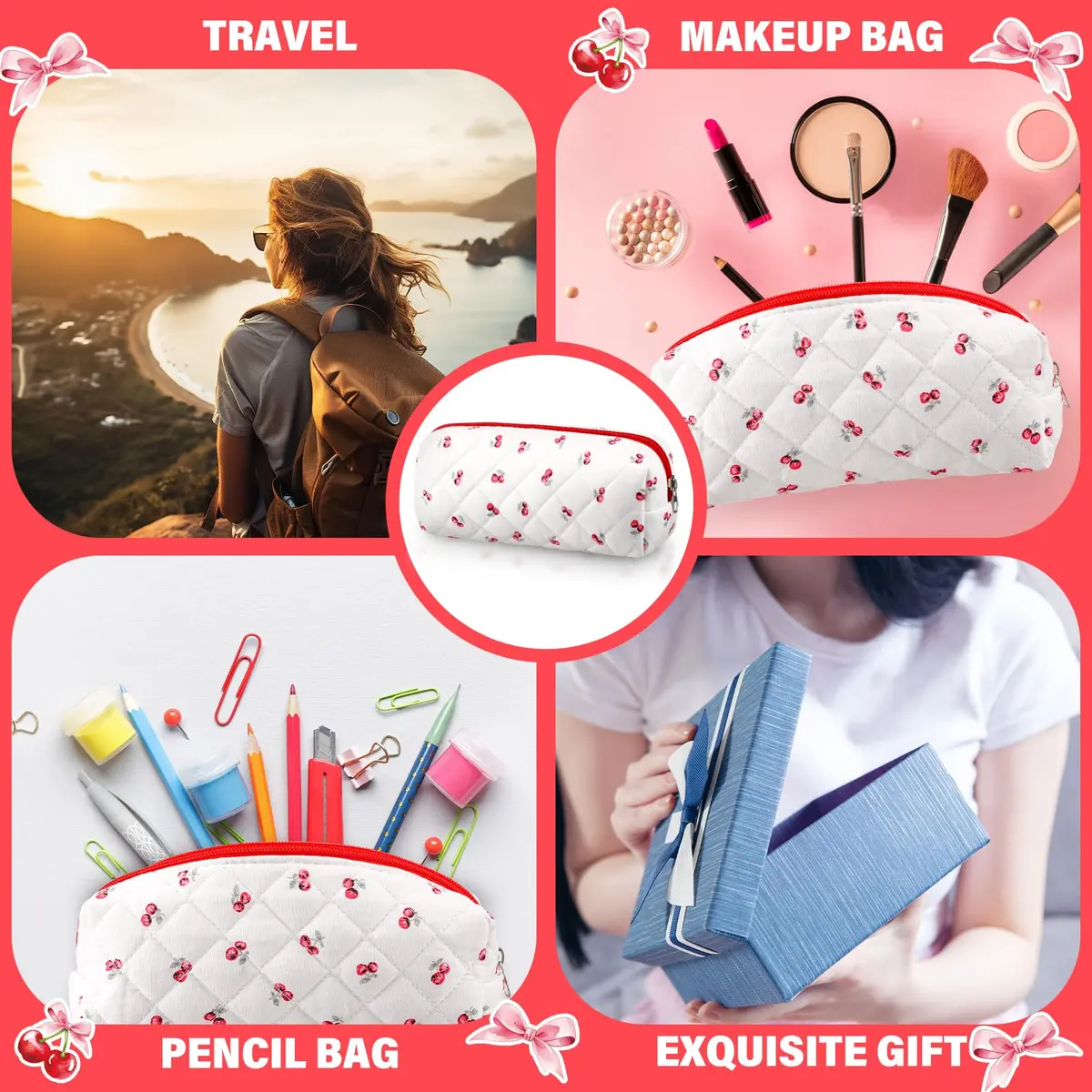 Sherr Cherry Pencil Case Cute Pencil Pouch | Lightweight, Travel-Friendly, Cotton, Zipper, 7.48 x 2.36 x 3.15 inches - view 6